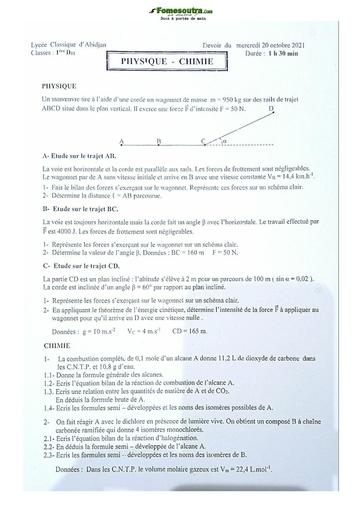 Sujet de Physique-Chimie Niveau Première D Lycée Classique Abidjan 2021-2022