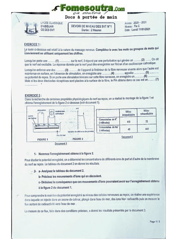Sujets de SVT Terminale C 2020-2021 Lycée Classique Abidjan