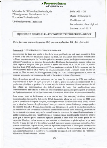 Sujet Economie Générale - Economie d'Entreprise et Droit BAC blanc régional 2017 séries G1- G2