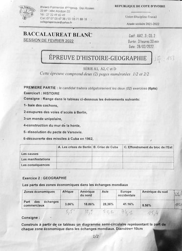 TOUS LES SUJETS DU BAC BLANC INTERNE COLLEGE LA PÉROUSE