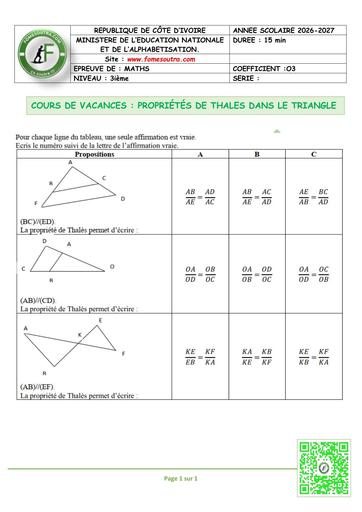 FICHE 1 MATHS 3ième L2 PROPRIÉTÉS DE THALES DANS LE TRIANGLE by TEHUA