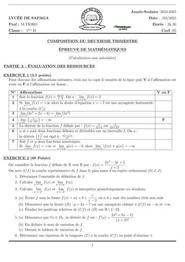 SUJET DE MATHS 1ière D TRIMESTRE 2 2025 LYCEE DE SAPAGA BY TEHUA