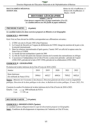 BAC BLANC 2026 DRENA ABOISSO SUJET HISTOIRE GEOGRAPHIE SERIE ABCD (SUJET) by TEHUA