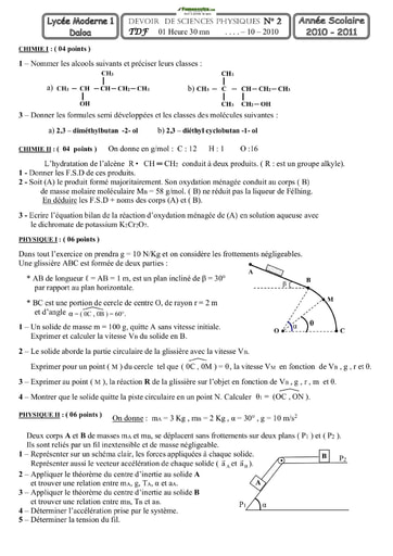 Devoir de Physique-Chimie Alcools + Dynamique Terminale D