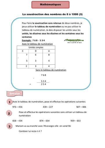 La soustraction des nombres de 0 à 1000 (3) - Cours CE1