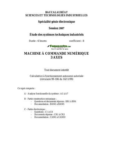 Présentation du Sujet corrigé Machine à commande numérique 3 axes - Étude des Systèmes Techniques Industriels - BAC 2007