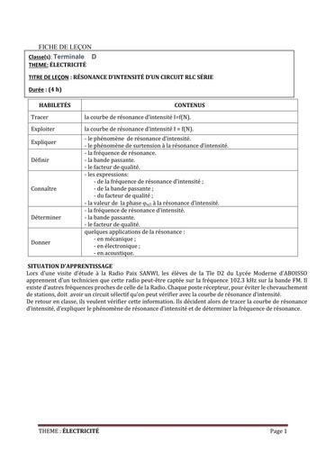 FICHE DE COURS PHYSIQUE Tle D L12 RESONANCE D'INTENSIE