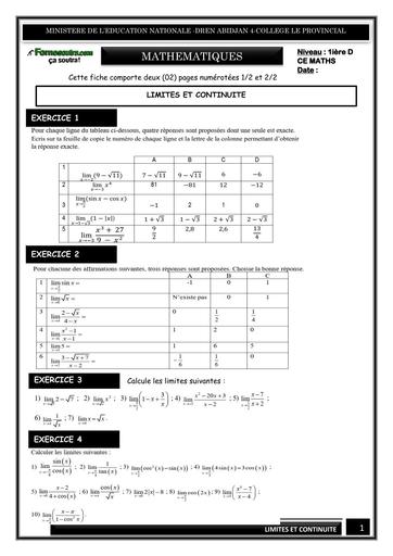 FICHE DE TRAVAUX DIRIGES MATHS NIVEAU 1ière D (LIMITES ET CONTINUITE) BY TEHUA