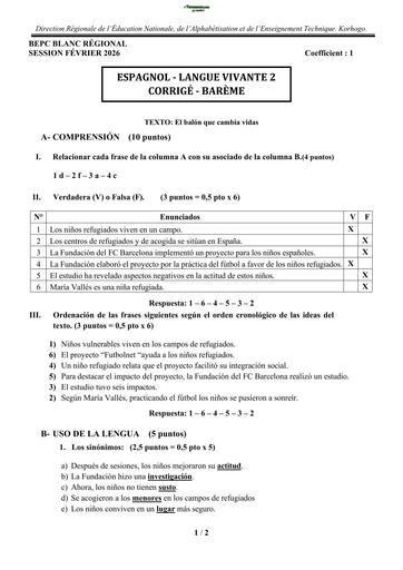 BEPC BLANC 2026 DRENA KORHOGO SUJET LV2 ESPAGNOL (BAREME) by TEHUA