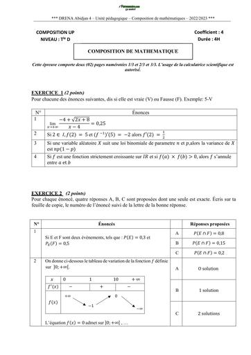 DEVOIR DE NIVEAU MATHS Tle D TRIMESTRE 1 UP DRENA ABIDJAN 4 DECEMBRE 2023 BY TEHUA