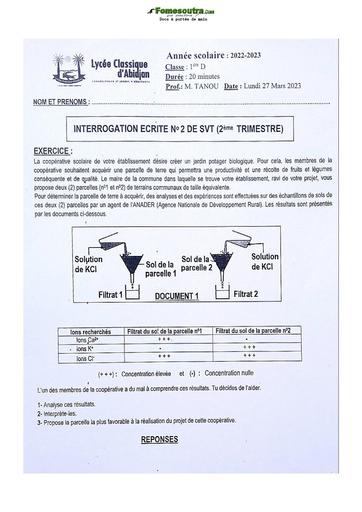 Sujet de SVT niveau Première D Lycée Classique Abidjan 2022-2023