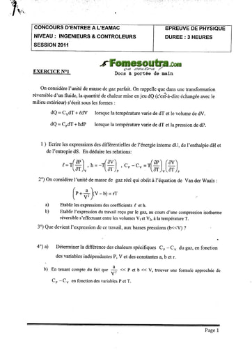 Sujet de Physique Concours EAMAC cycle Contrôleur de la circulation session 2011