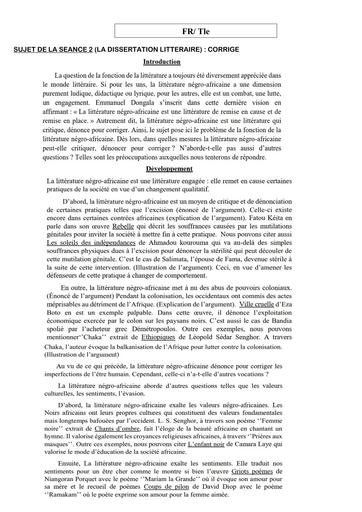 COURS DE VACANCES FR Tle CORRIGE SUJET 1 (LA DISSERTATION LITTERAIRE) by TEHUA