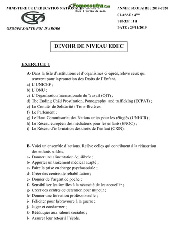 Devoir (2) d' EDHC niveau 4eme - Groupe Sainte Foi d'Abobo