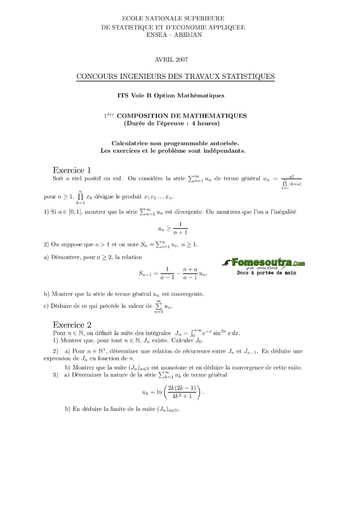 Sujet 1ère épreuve de maths ITS B option Maths 2007 (ENSEA)