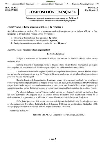 BEPC BLANC REGIONAL 2025 FRANCAIS SUJET BY TEHUA