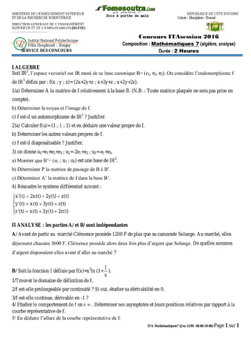 Sujet de Mathématique 7 concours ITA 2016