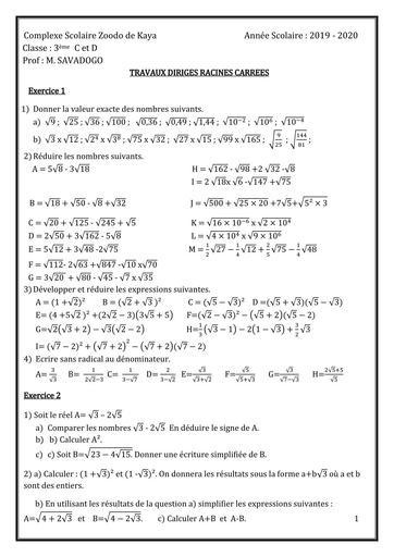 Fiche de Travaux dirigés Maths 3ieme by Tehua