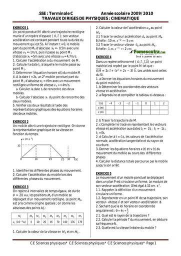 Sujet (2) Cinématique - Physique Terminale C