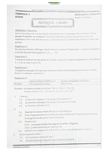 Sujet de Physique-Chimie Terminale D Lycée Classique Abidjan 2021-2022