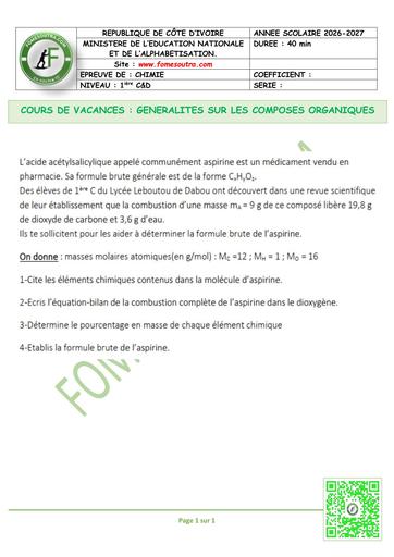 FICHE 3 CHIMIE GENERALITES SUR LES COMPOSES ORGANIQUES 1ière C&D BY TEHUA