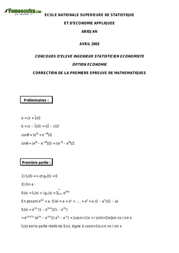 Corrigé 1ère épreuve de maths ISE option économie 2002 (ENSEA)