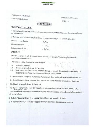 Sujet de Physique-Chimie Première C Lycée Classique Abidjan