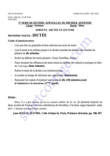 SUJET 1ER DEVOIR DU 1ER S DICTÉE ET LECTURE 6ÈME 2021-2022 CEG LE NOKOUE by Tehua.pdf