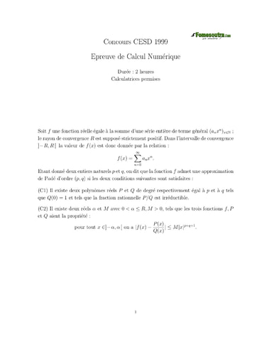 Sujet de Calcul numérique ISE option maths 1999 (ENSEA)