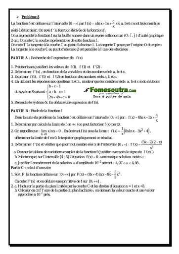 Problème (8) Etude d'une Fonction Logarithme Népérienne - Maths Terminale D