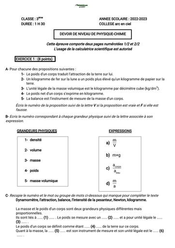 DEVOIR DE PC NIVEAU 5ième ARC EN CIEL 2023 BY TEHUA