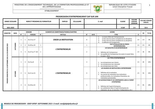 PROGRESSIONS D'ENTREPRENEURIAT CAP SUR 1AN (3CAP)