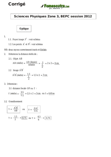 Corrigé de Physique Chimie BEPC 2012 zone 3