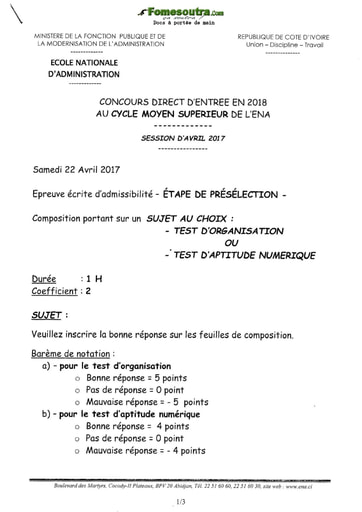 Sujet test d'organisation et test d'aptitude numérique - Etape de présélection concours ENA cycle moyen supérieur  (Avril 2017)