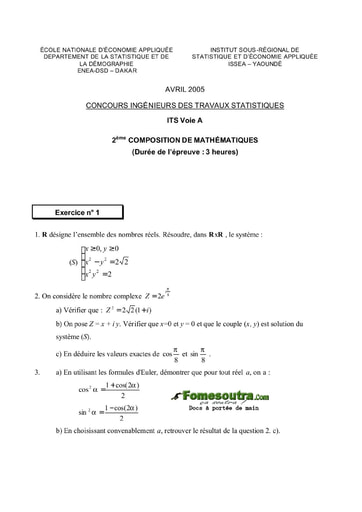 Sujet 2ème épreuve de maths ITS A 2005 (ENSAE - ISSEA)