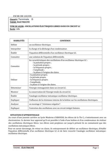 FICHE DE COURS PHYSIQUE Tle D L10 OSCILLATION LIBRE
