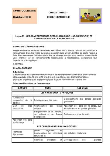 EDHC 4ème L 11 LES COMPORTEMENTS RESPONSABLES DE L’ADOLESCENT(E) ET L’INEGRATION SOCIALE HARMONIEUSE