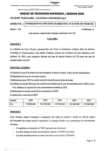 BTS CI Session 2026 FT Gestion commerciale épreuve Fondements concepts Marketing et étude de marché By TEHUA