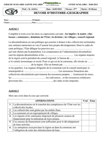 Devoir Histoire-Géographie Niveau 4ème Groupe Scolaire Sainte Foi