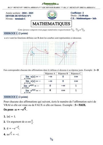 DEVOIR DE NIVEAU N°1 MATHS Tle C DU 2ème TRIMESTRE HINNEH 2025 BY TEHUA