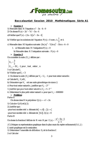 Sujet de Maths BAC A1 2010