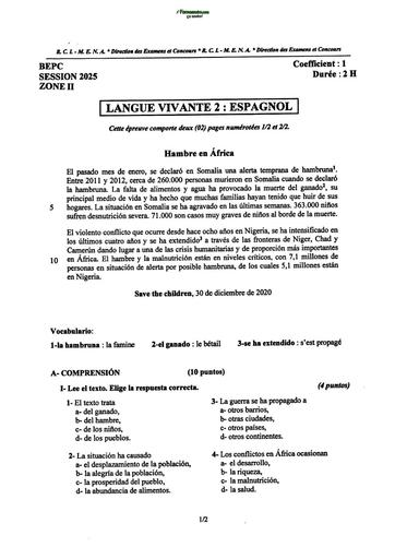 BEPC SEESION 2025 ZONE 2 SUJET LV2 ESPAGNOL Côte d'Ivoire (SUJET+BAREME) BY TEHUA