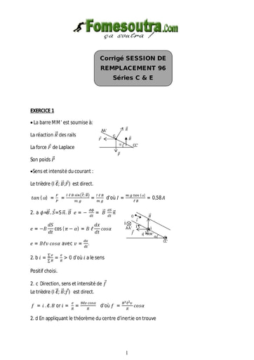 Corrigé de Physique-Chimie BAC C et E 1996 session remplacement