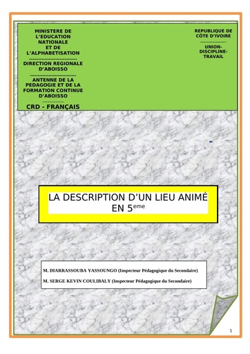 Fiche de cours français LA DESCRIPTION D'UN LIEU ANIME EN 5eme