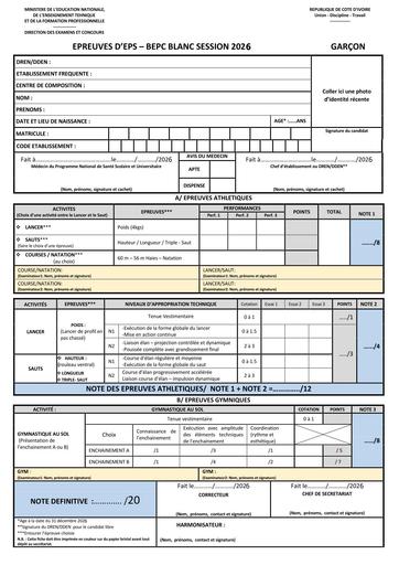 FICHE EPS BEPC 2026 FILLES ET GARCONS