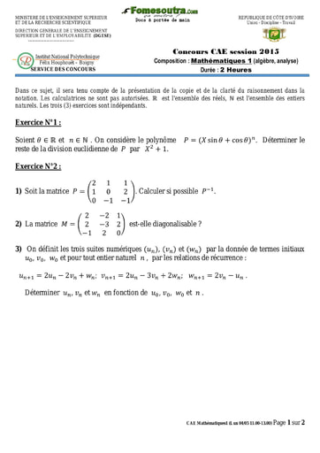 Sujet de Mathématique 1 concours CAE 2015