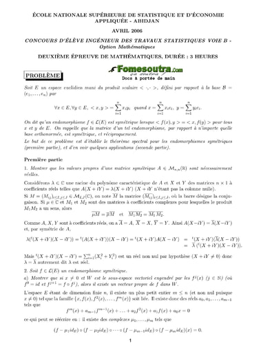 Corrigé 2ème épreuve de maths ITS B option Maths 2006 (ENSEA)