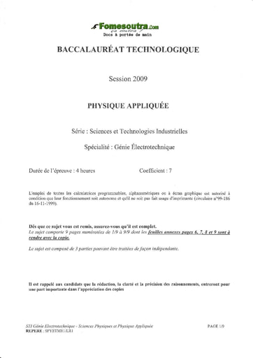 Sujet de Physique Appliquée - BAC Génie Électronique 2009