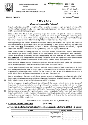 Sujet d'Anglais BAC L1 L2  2013 - Sénégal