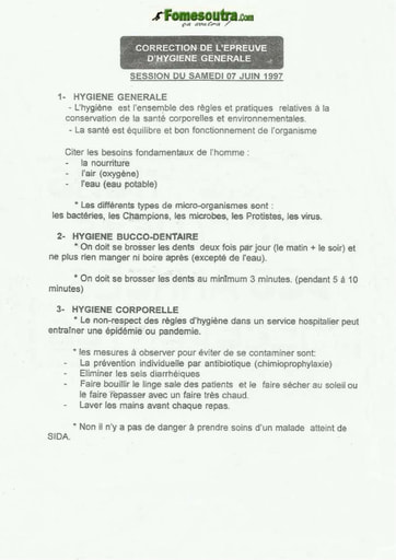 Corrigé Hygiène Générale concours Aide Soignante 1997